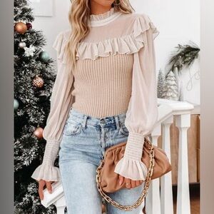 Vici Cream and Tan Ruffle Blouse